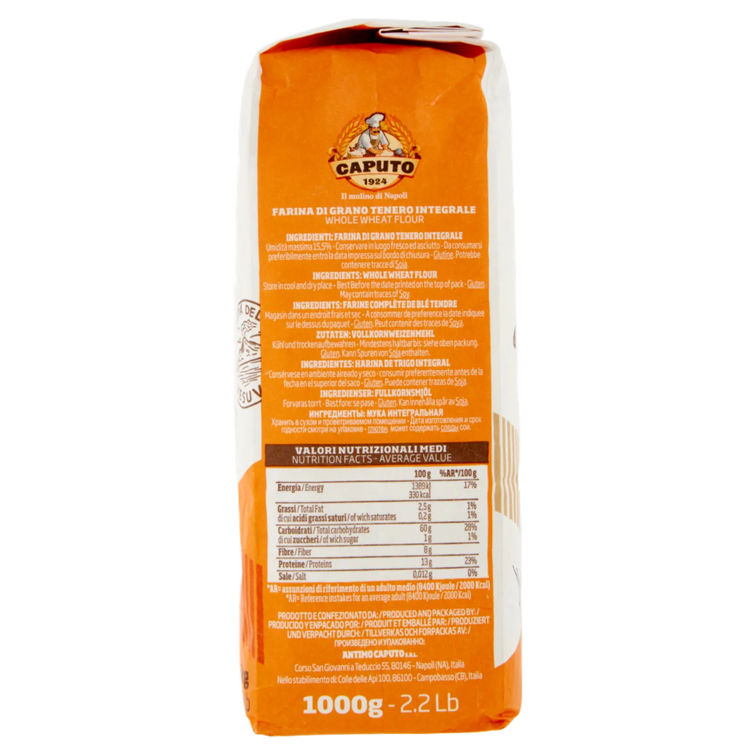Bag of Caputo flour with nutritional information on a white background