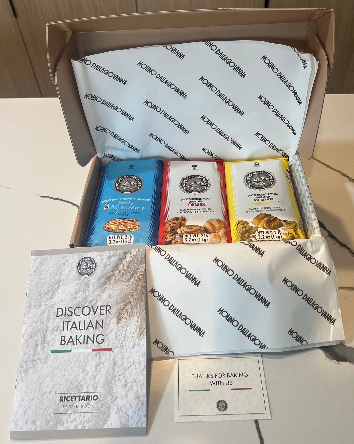 Molino Dallagiovanna Bread, Pizza, and Pasta gift box with recipe books