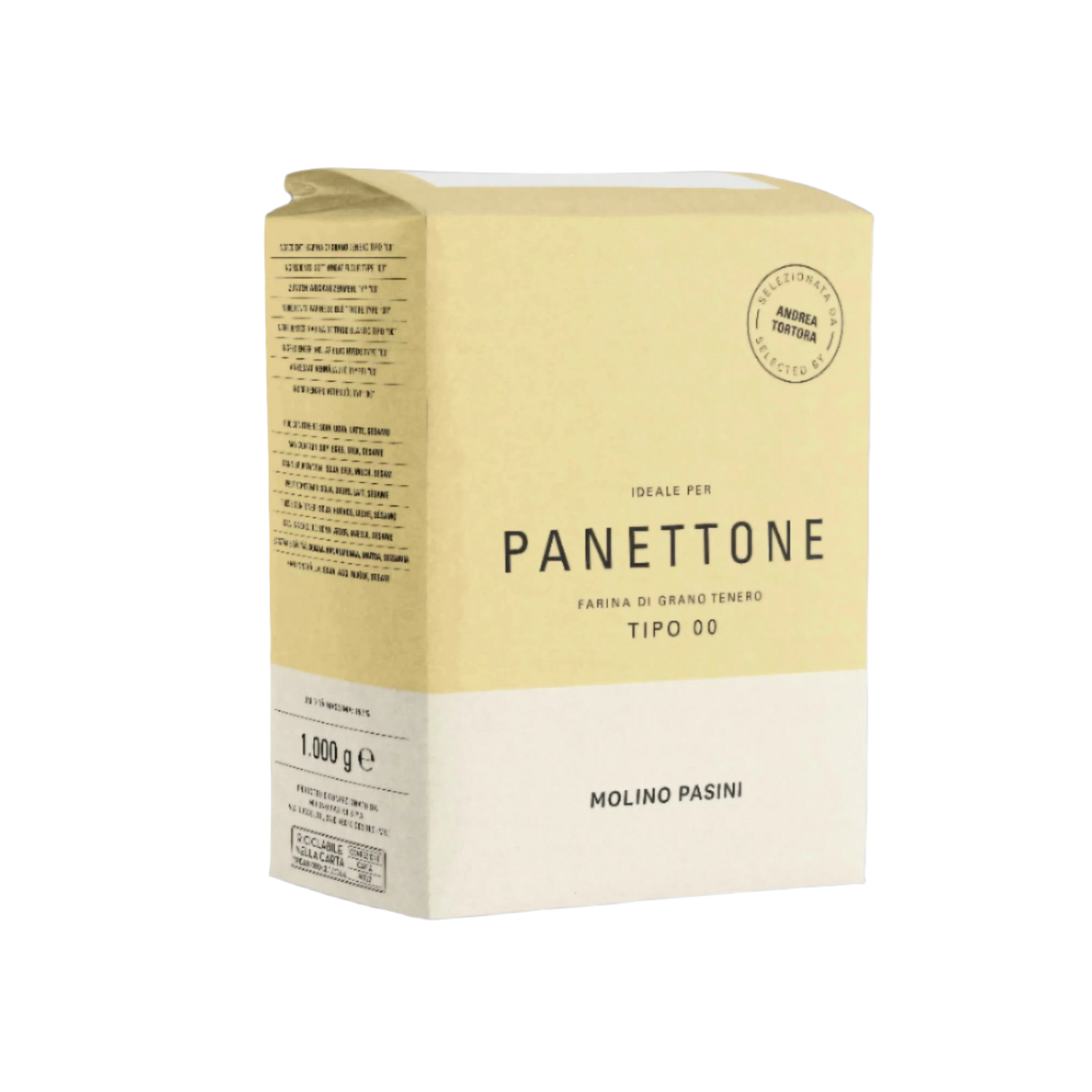 Panettone flour packaging with 'Molino Pasini' branding on a black background