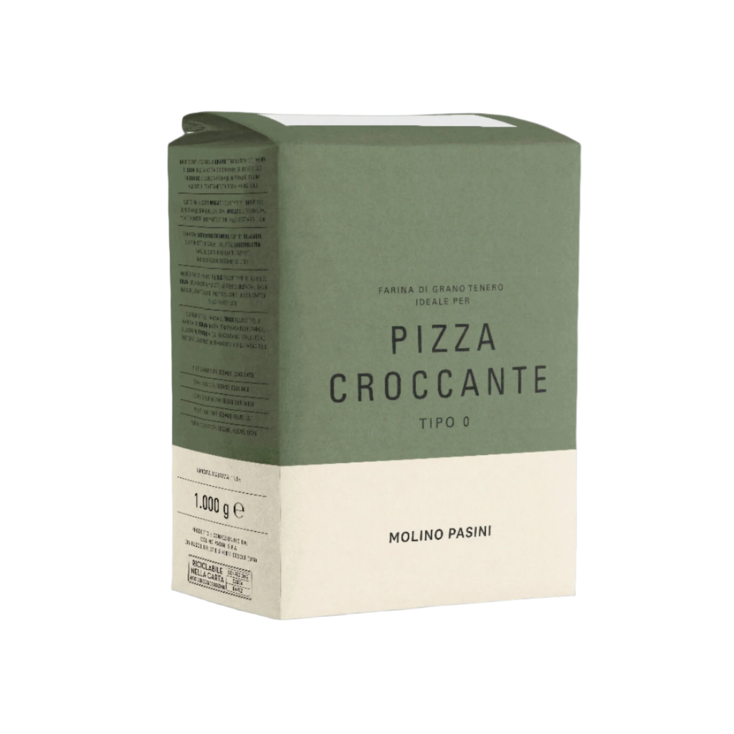 Green and beige box of Pizza Croccante flour with text on a white background