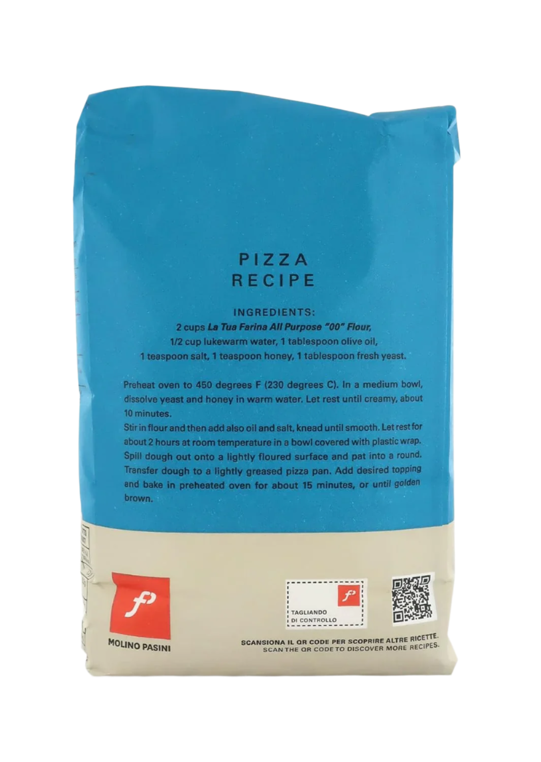 Bag of pizza recipe with blue and beige design on a white background