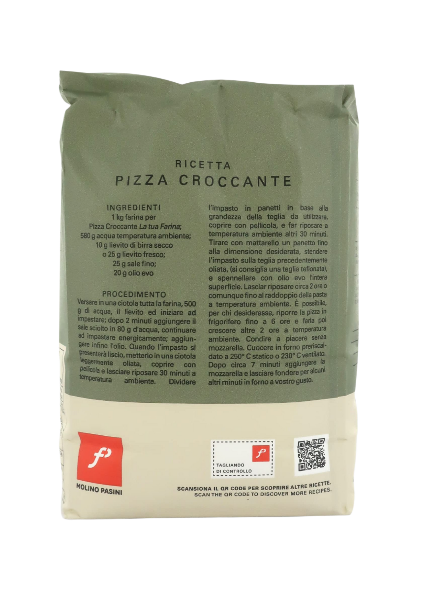 Package of pizza dough with text and brand logos on a white background