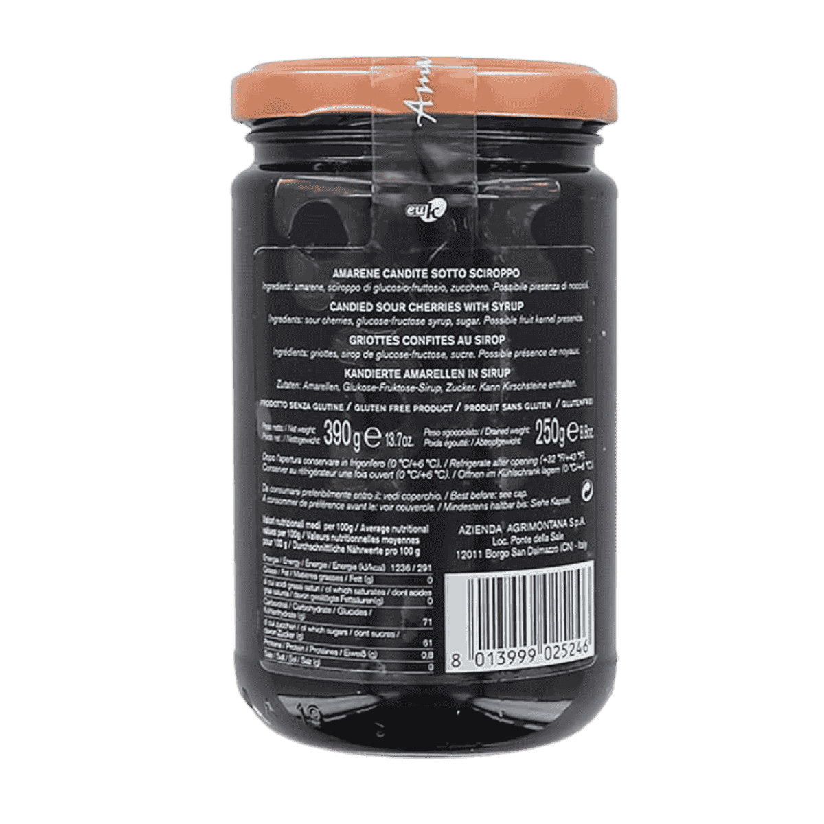 Jar of amarena cherries with a visible label on a green background