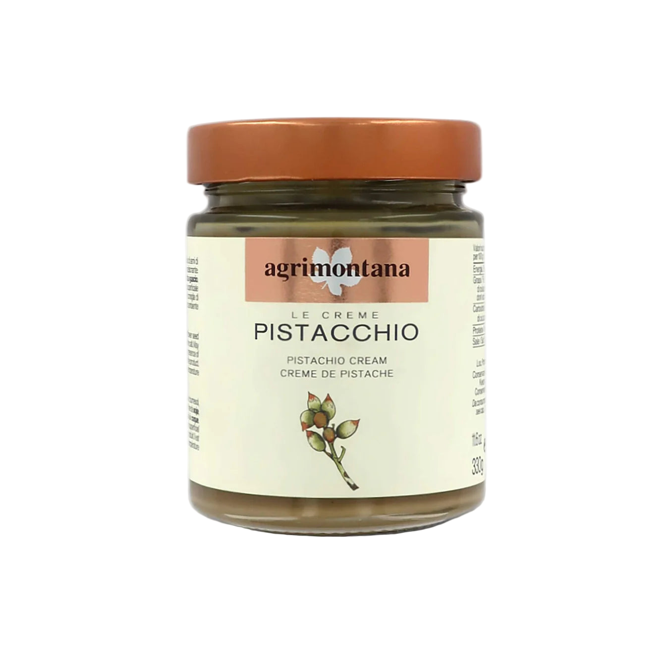 Jar of agrimontana pistachio cream on a white background