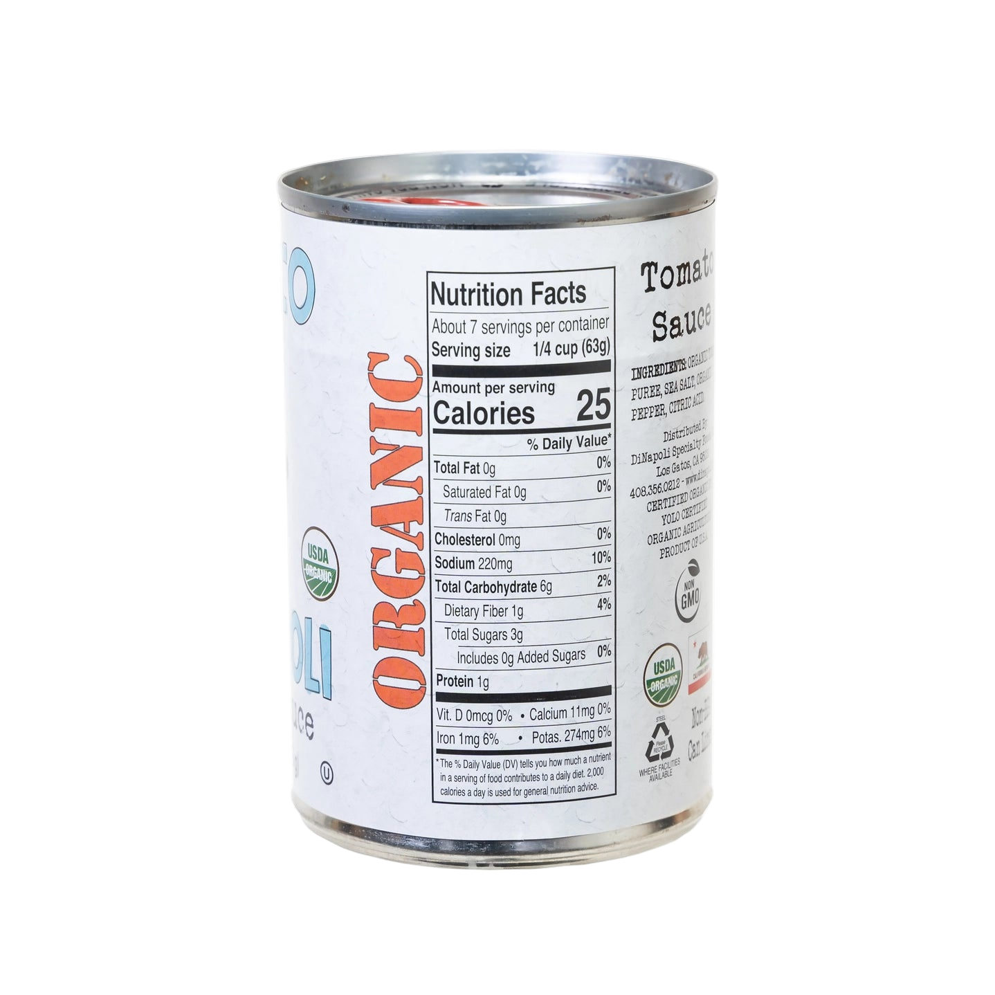 Can of organic tomato sauce with nutrition label on a white background
