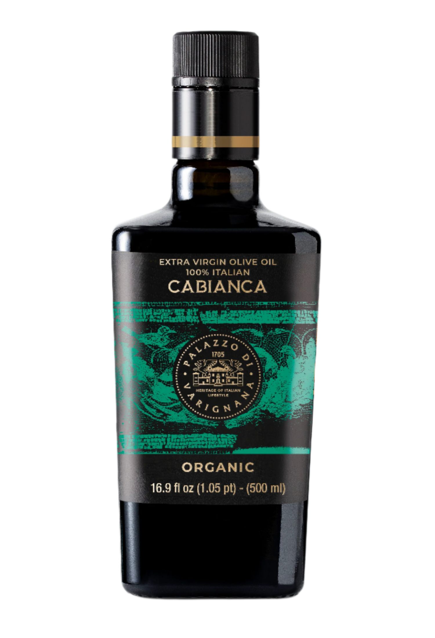 Bottle of Cabianca olive oil on a white background