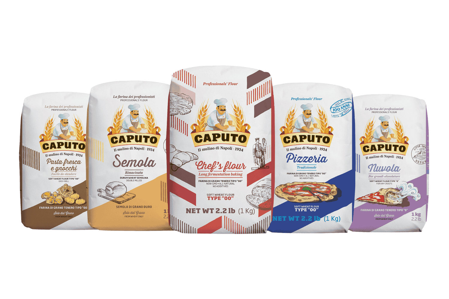 Collection of Caputo 00 and semolina flour packages including Caputo Chef's, Caputo Pizzeria, Caputo Semola, Caputo Nuvola, Caputo Pasta Fresca e Gnocchi flour