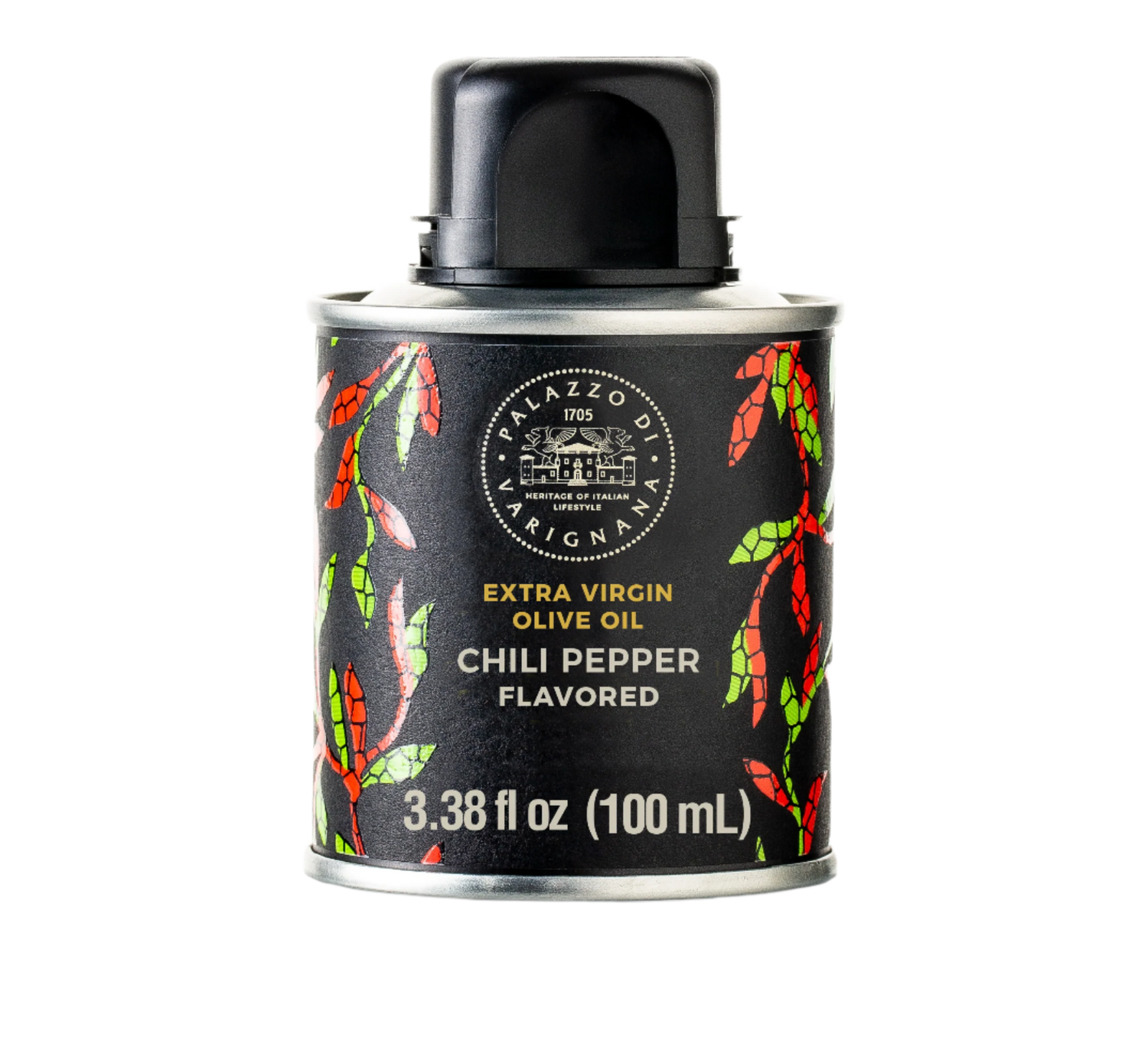 Can of Alazzo di Orgina chili pepper flavored olive oil on a white background