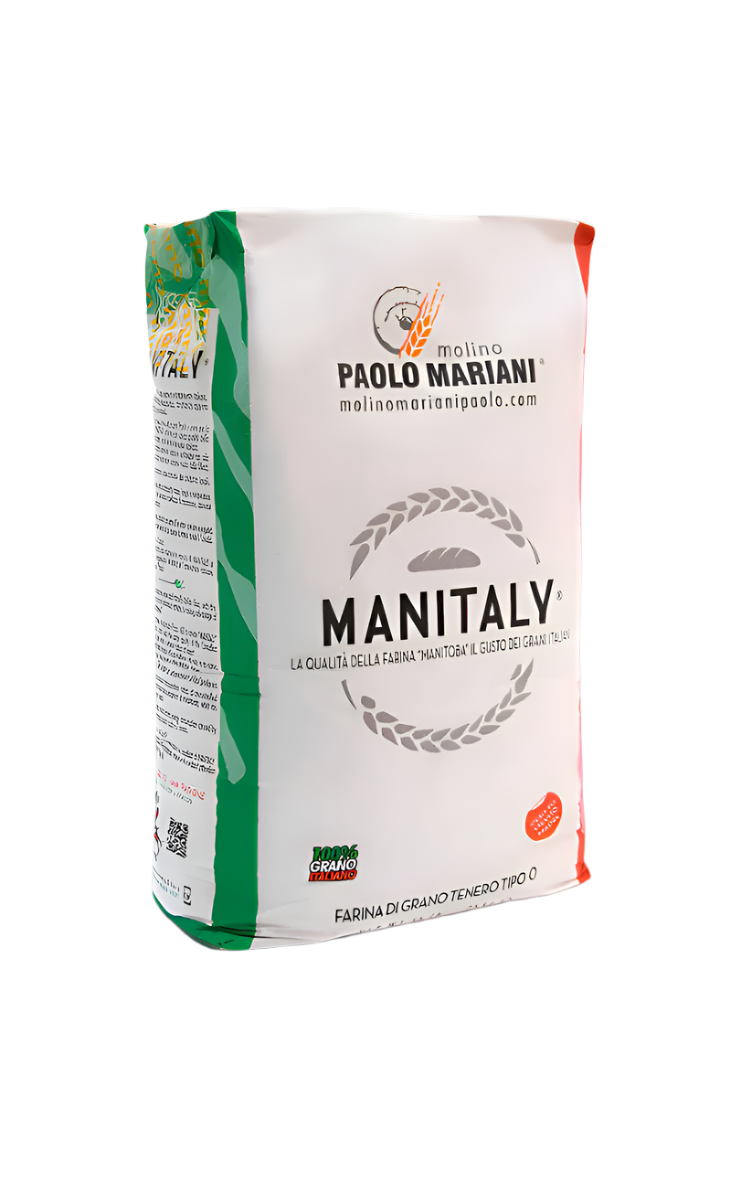 Manitalv flour 25kg package with Paolo Mariani branding on a black background
