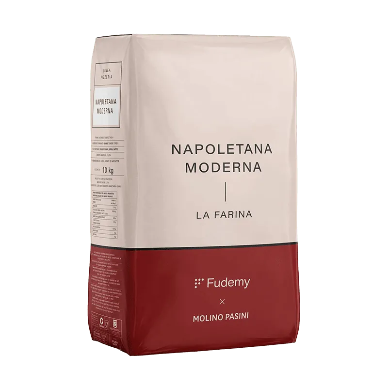 Napoletana Moderna flour package by Molino Pasini and Fudemy branding on a white background