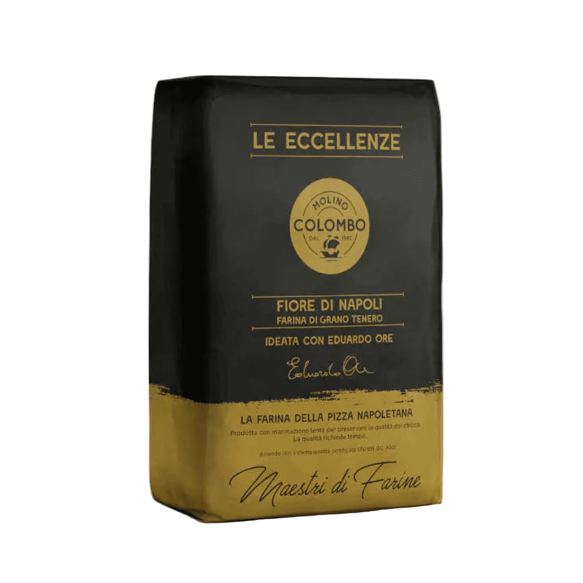 Black and gold Colombo flour bag on a white background