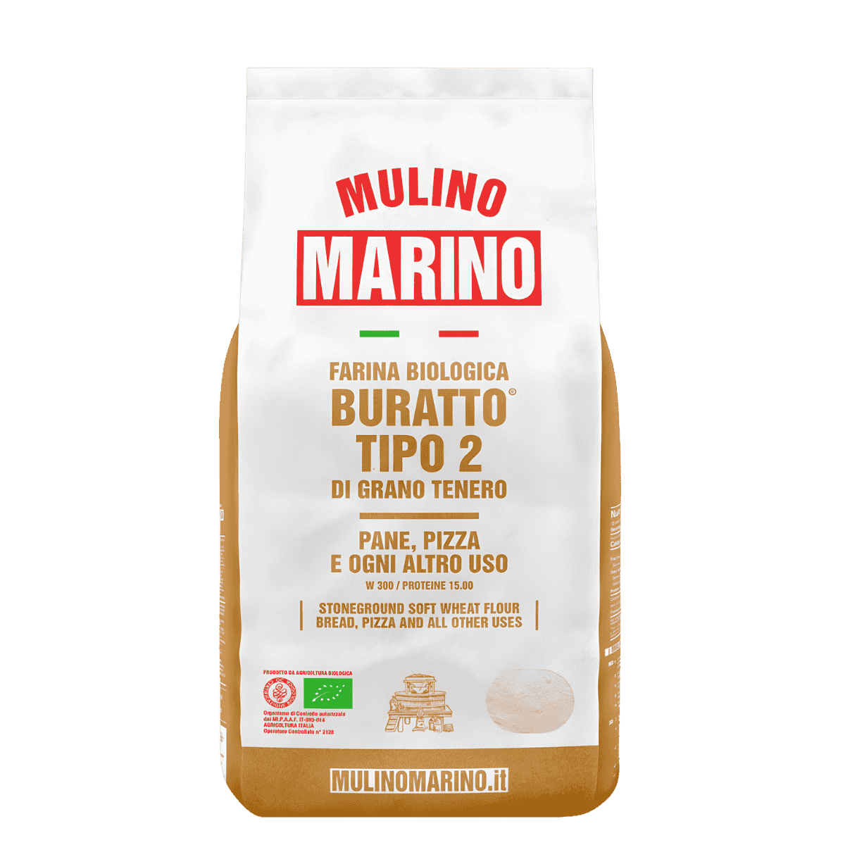 Mulino Marino Organic Buratto Type 2 – Stoneground Bread & Pizza Flour (1kg/2.2lbs)