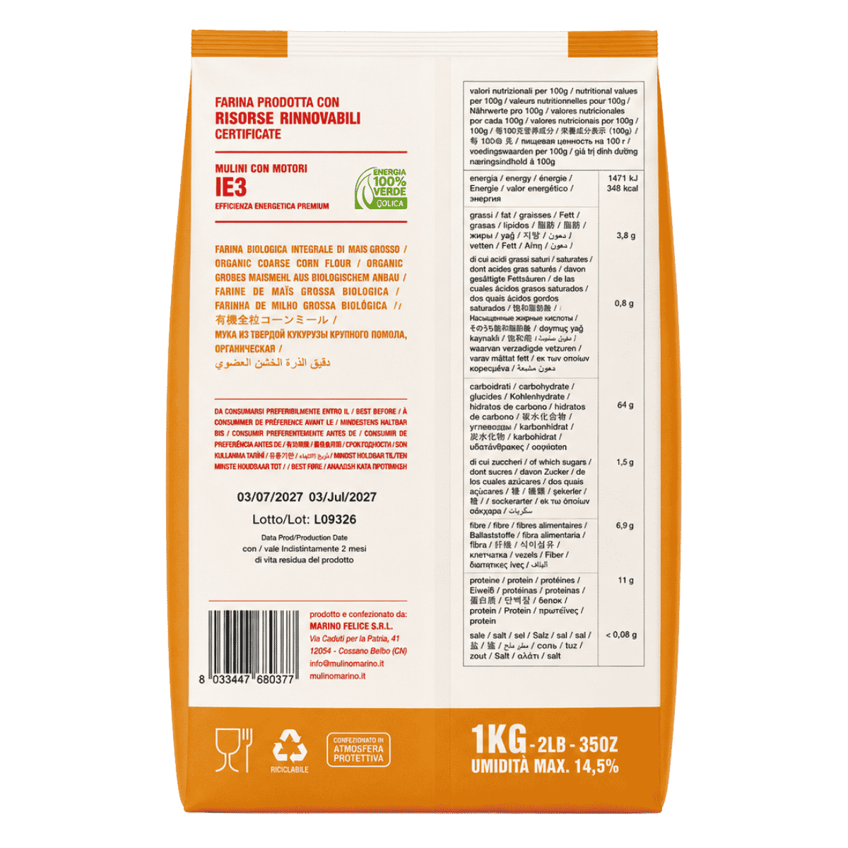 Mulino Marino Coarse Organic Whole Corn Flour for Polenta (1kg/2.2lbs)