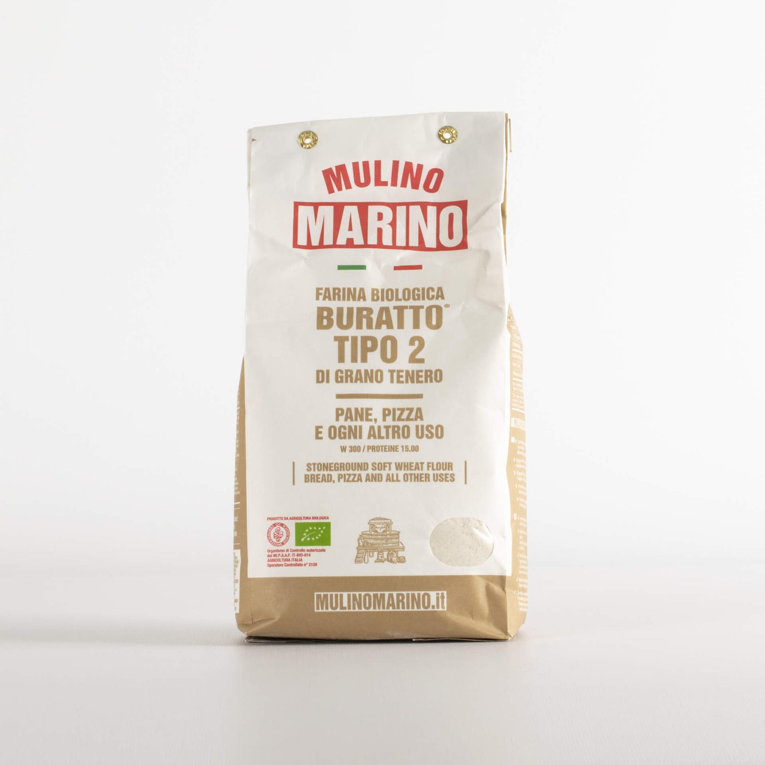 Mulino Marino Organic Buratto Type 2 – Stoneground Bread & Pizza Flour (1kg/2.2lbs)