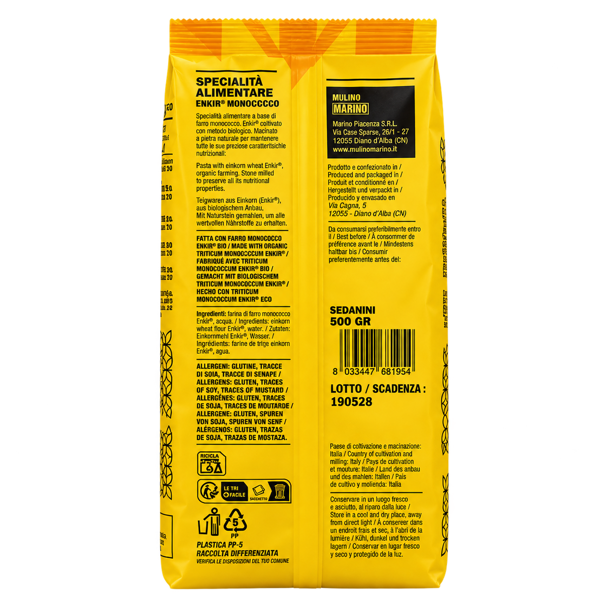 Mulino Marino Organic Enkir Sedanini Pasta 500g