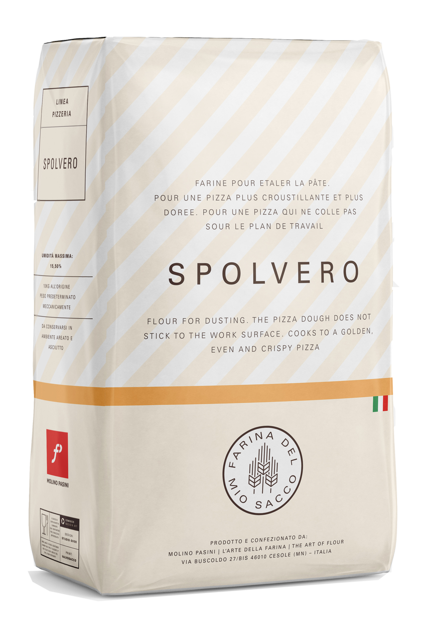 Spolvero flour packaging with text and branding on a white background