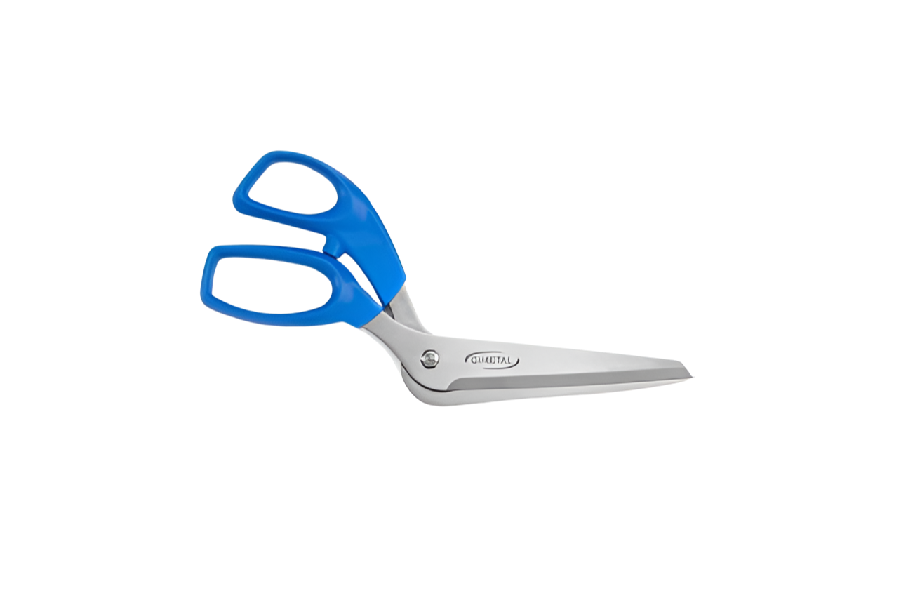 Pair of scissors with blue handles on a white background