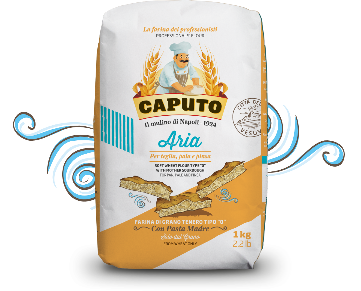 Bag of Caputo flour with branding and product details on a white background