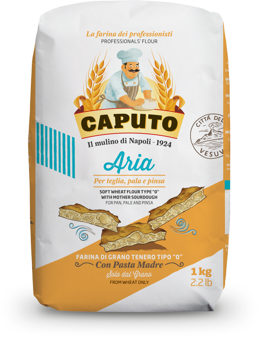 Bag of Caputo Aria flour with branding and product details on a white background