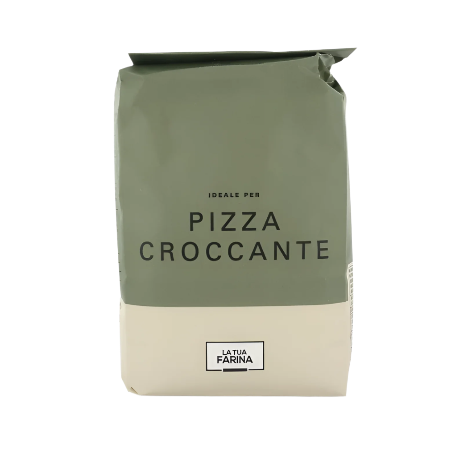 Green and beige bag of flour labeled 'Pizza Croccante' with 'La Tua Farina' branding on a white background.