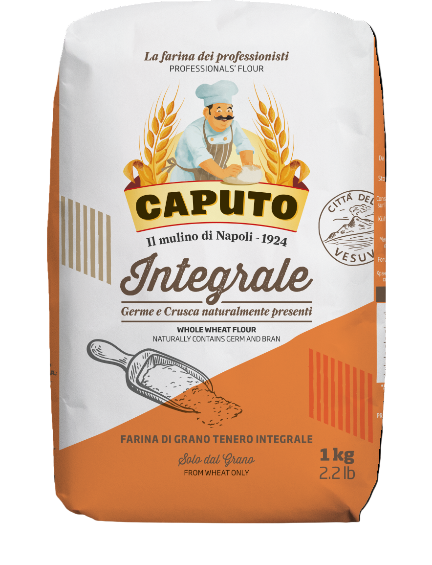 Bag of Caputo Integrale whole wheat flour with branding and product details on a white background