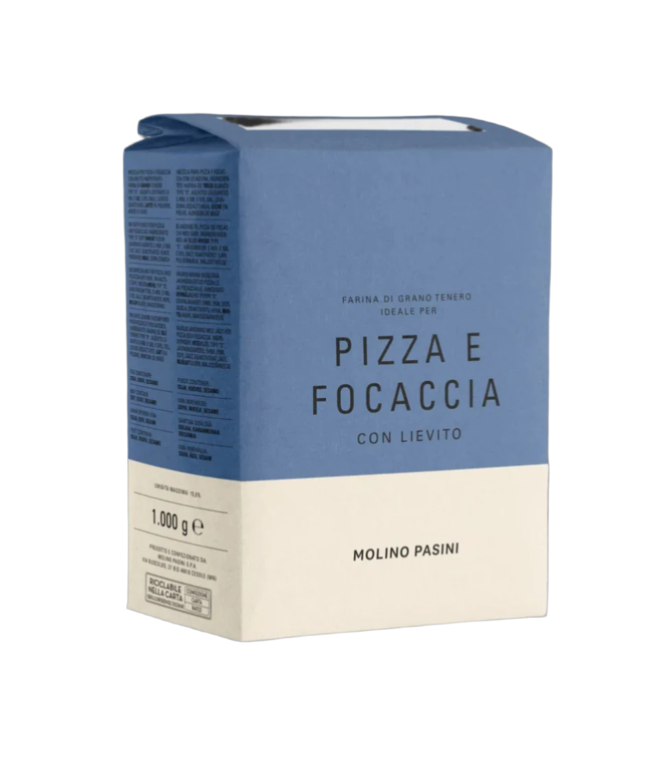 Blue and white packaging of Molino Pasini pizza and focaccia flour on a black background