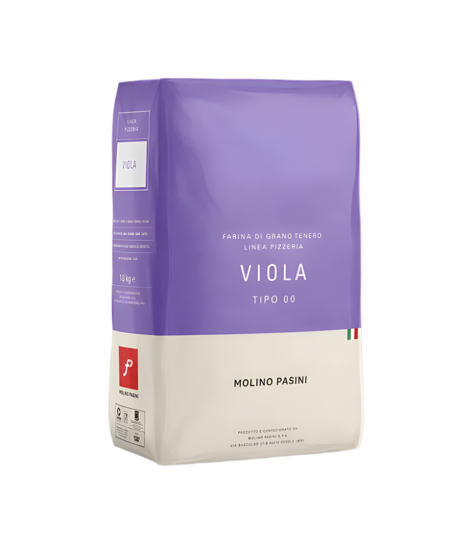 Molino Pasini Viola pizza flour bag on a black background