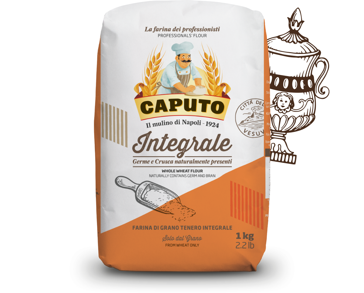 Bag of Caputo integrale flour with branding and product details on a white background