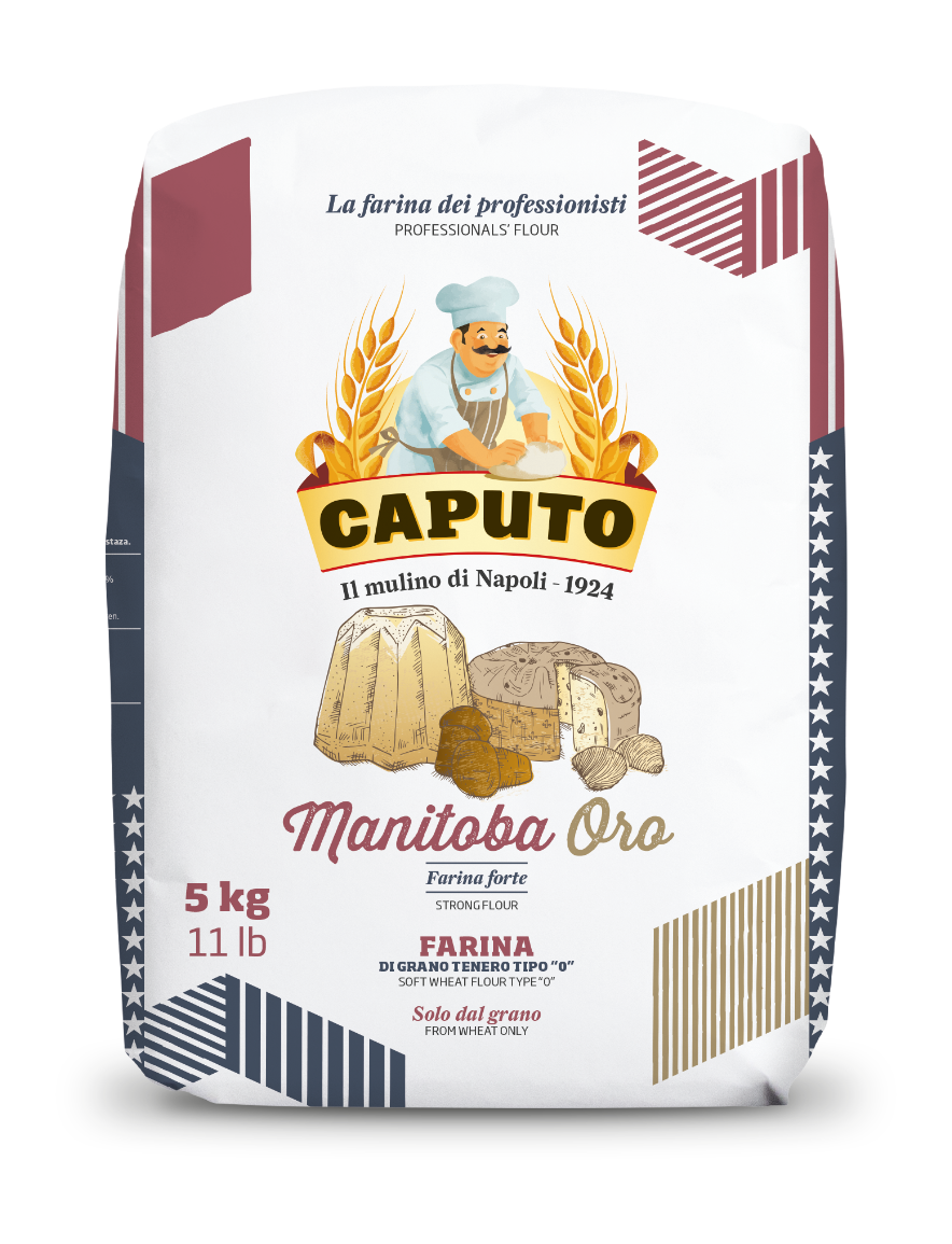 Bag of Caputo Manitoba Oro flour with branding and product details on a white background