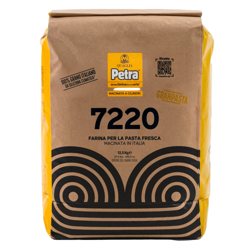 Bag of Petra pasta flour with brand logo and product details on a white background