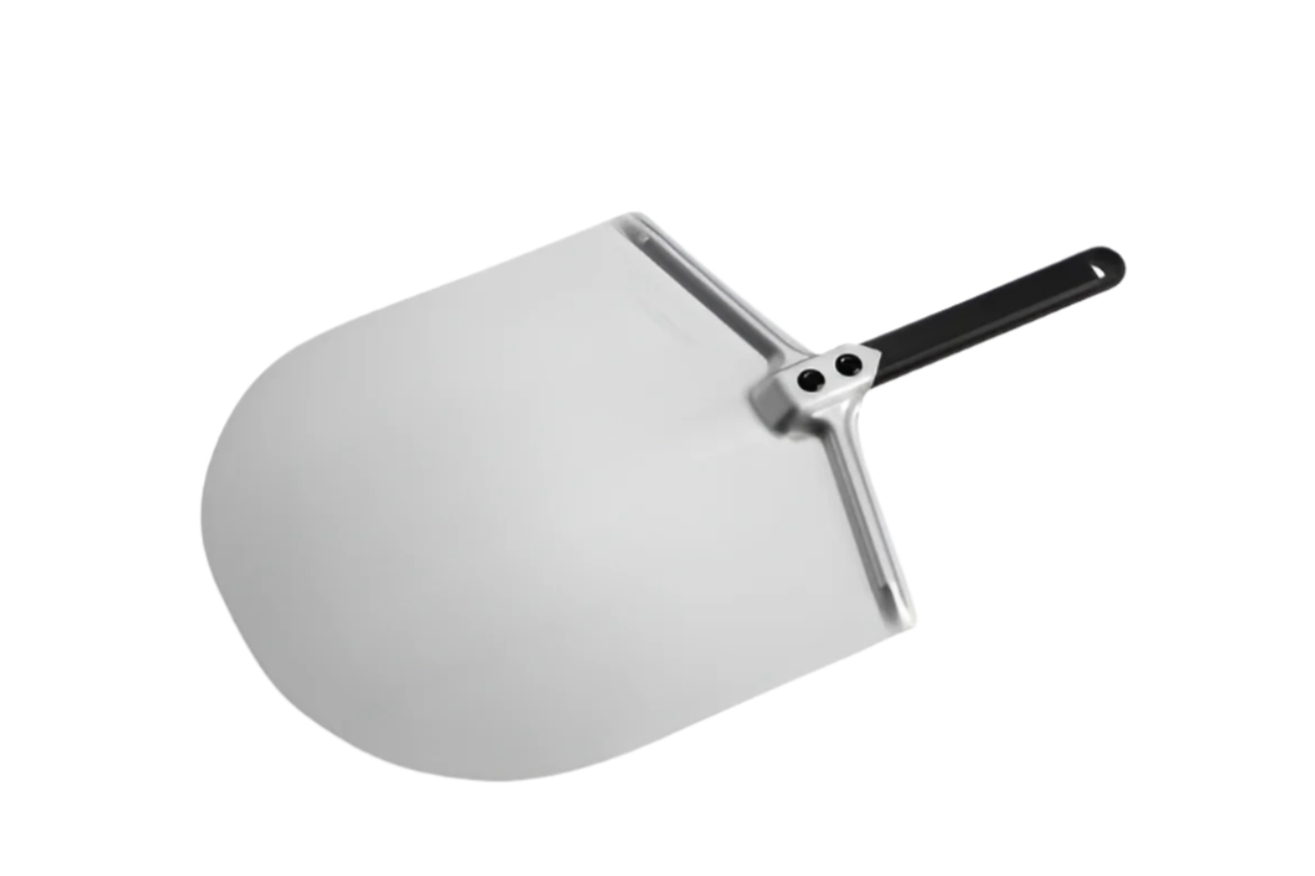 Metal pizza peel with a black handle on a white background