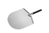 Metal pizza peel with a black handle on a white background