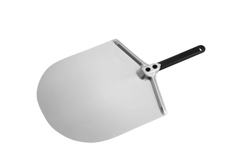 Metal pizza peel with a black handle on a white background
