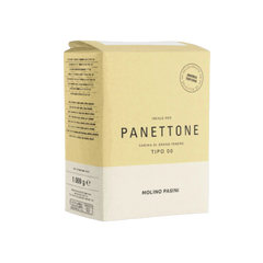 Panettone flour packaging with 'Molino Pasini' branding on a black background