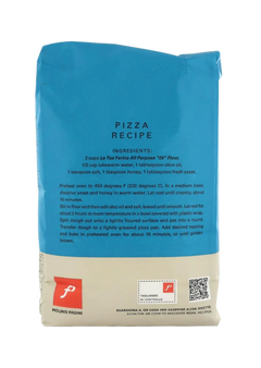 Bag of pizza recipe with blue and beige design on a white background