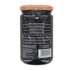 Jar of amarena cherries with a visible label on a green background