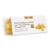 A clear plastic container of Agrimontana candied pear in cubes, wrapped in a white paper label with Italian text and a small product photo of the translucent yellow pear pieces.