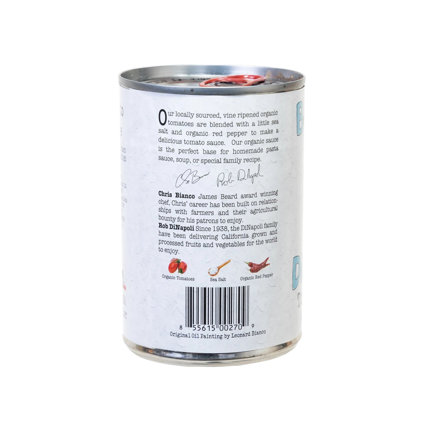 Back of a can with text and branding on a white background