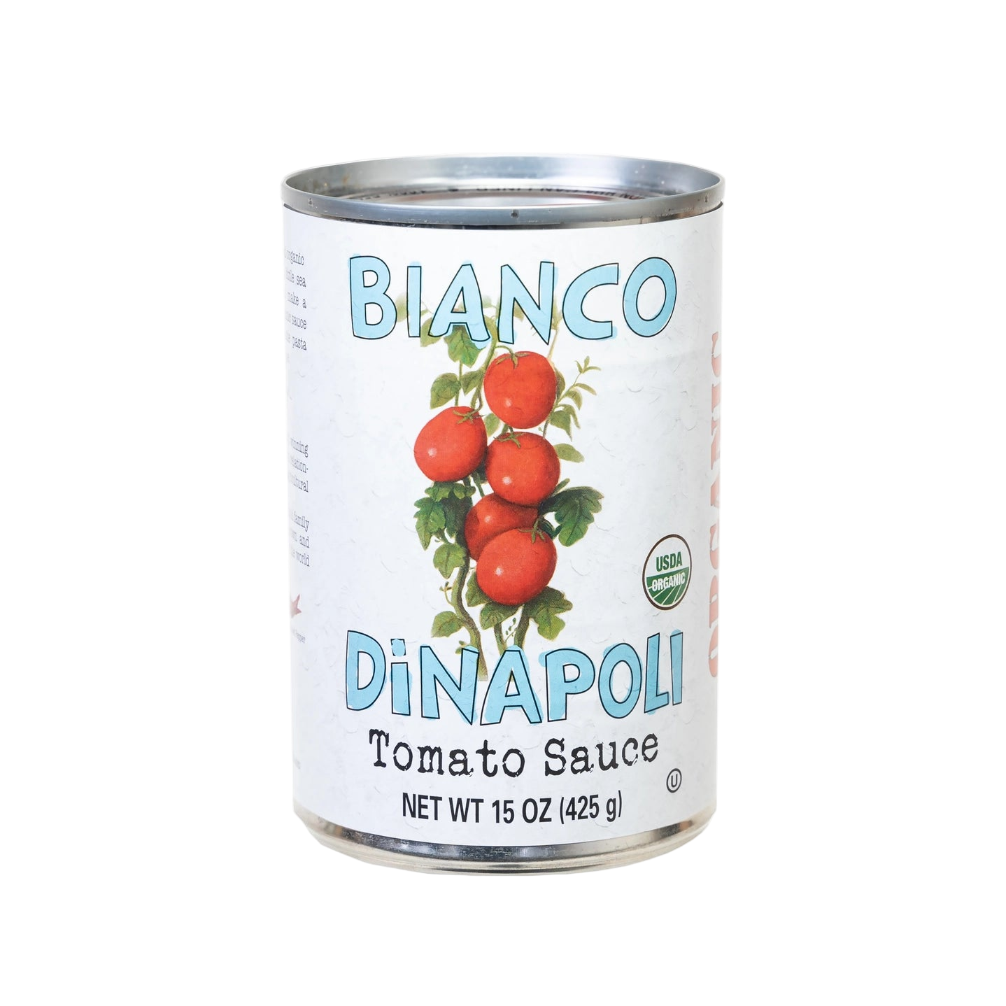 Can of Bianco DiNapoli Tomato Sauce on a white background