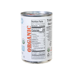 Can of organic tomato sauce with nutrition label on a white background