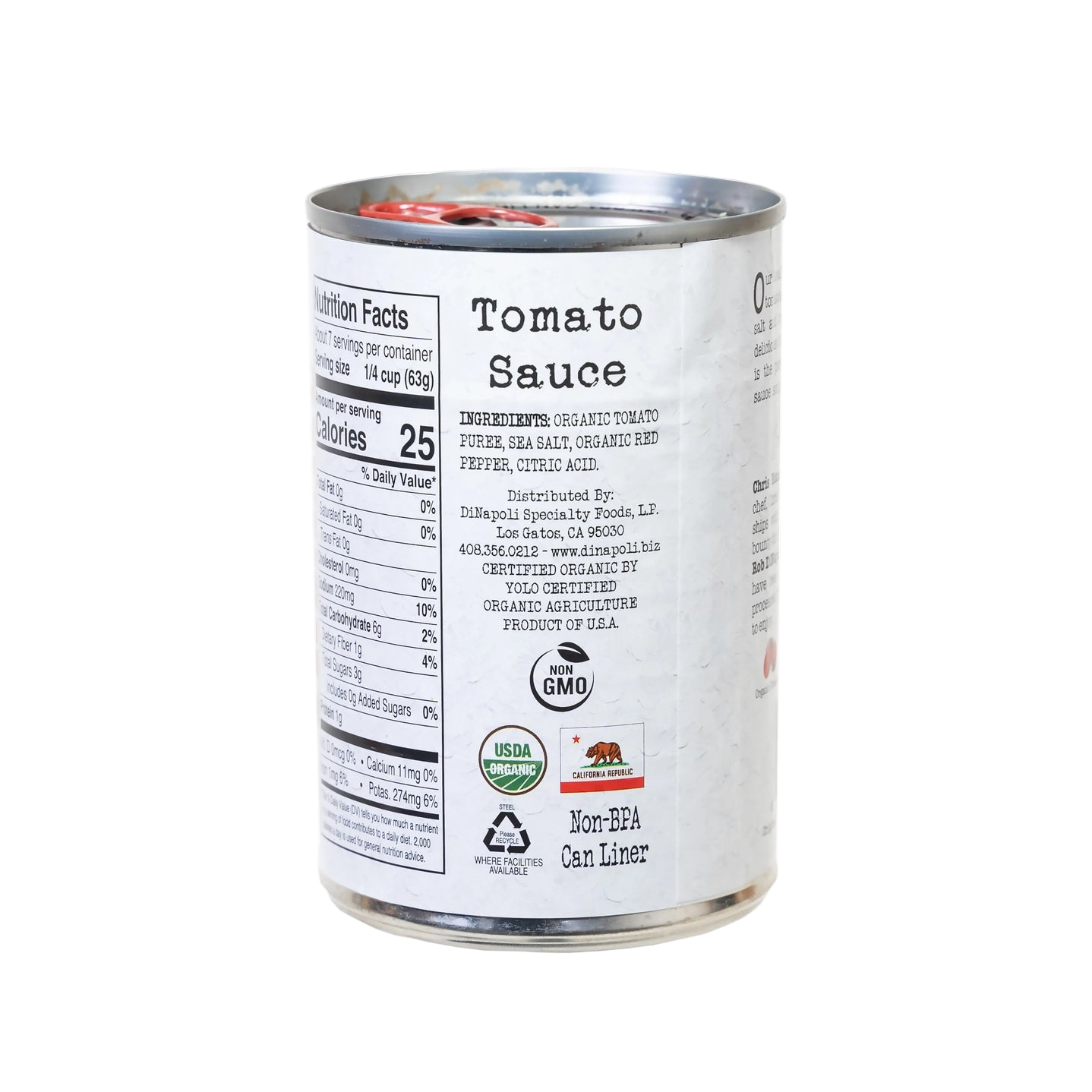 Can of tomato sauce with label on a white background