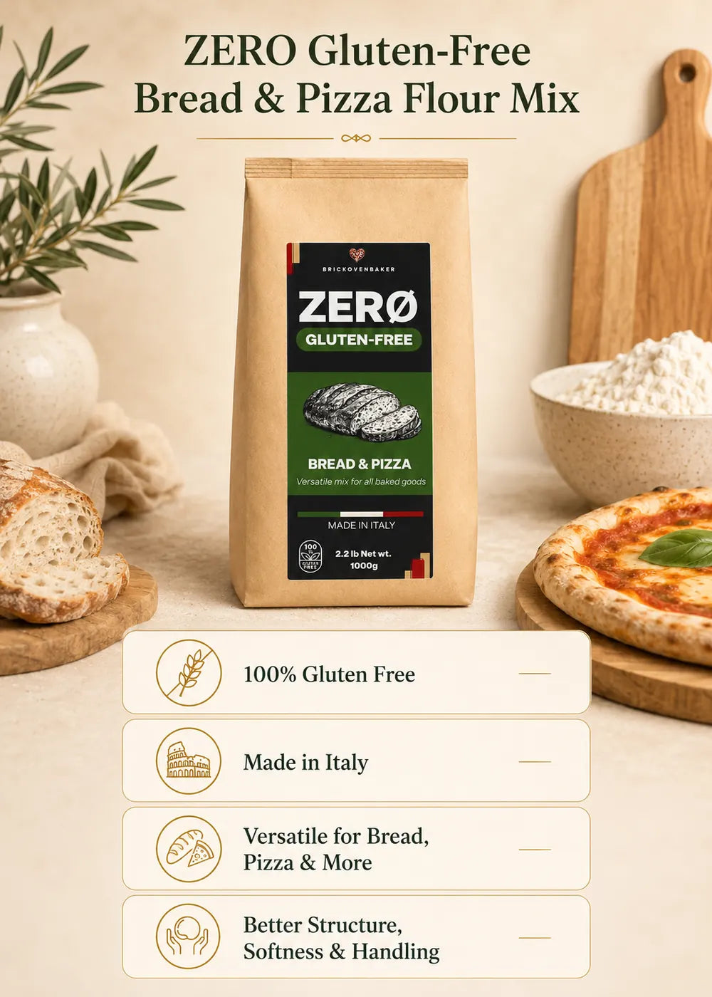 ZERO Gluten-Free Bread & Pizza Flour Mix – Made in Italy (1kg/2.2lbs)