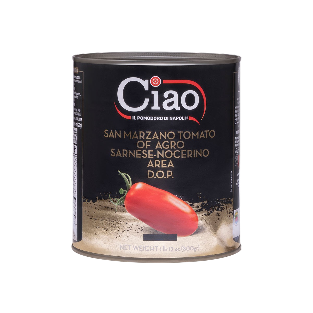 Ciao brand can of San Marzano tomatoes on a white background