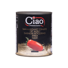 Ciao brand can of San Marzano tomatoes on a white background