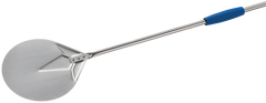 Metal pizza cutter with a blue handle on a white background