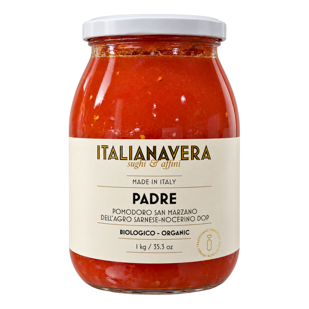 Italianavera Padre organic San Marzano DOP whole peeled tomatoes, 1 kg jar — front packaging