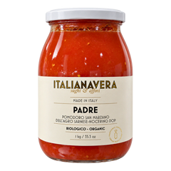 Italianavera Padre organic San Marzano DOP whole peeled tomatoes, 1 kg jar — front packaging