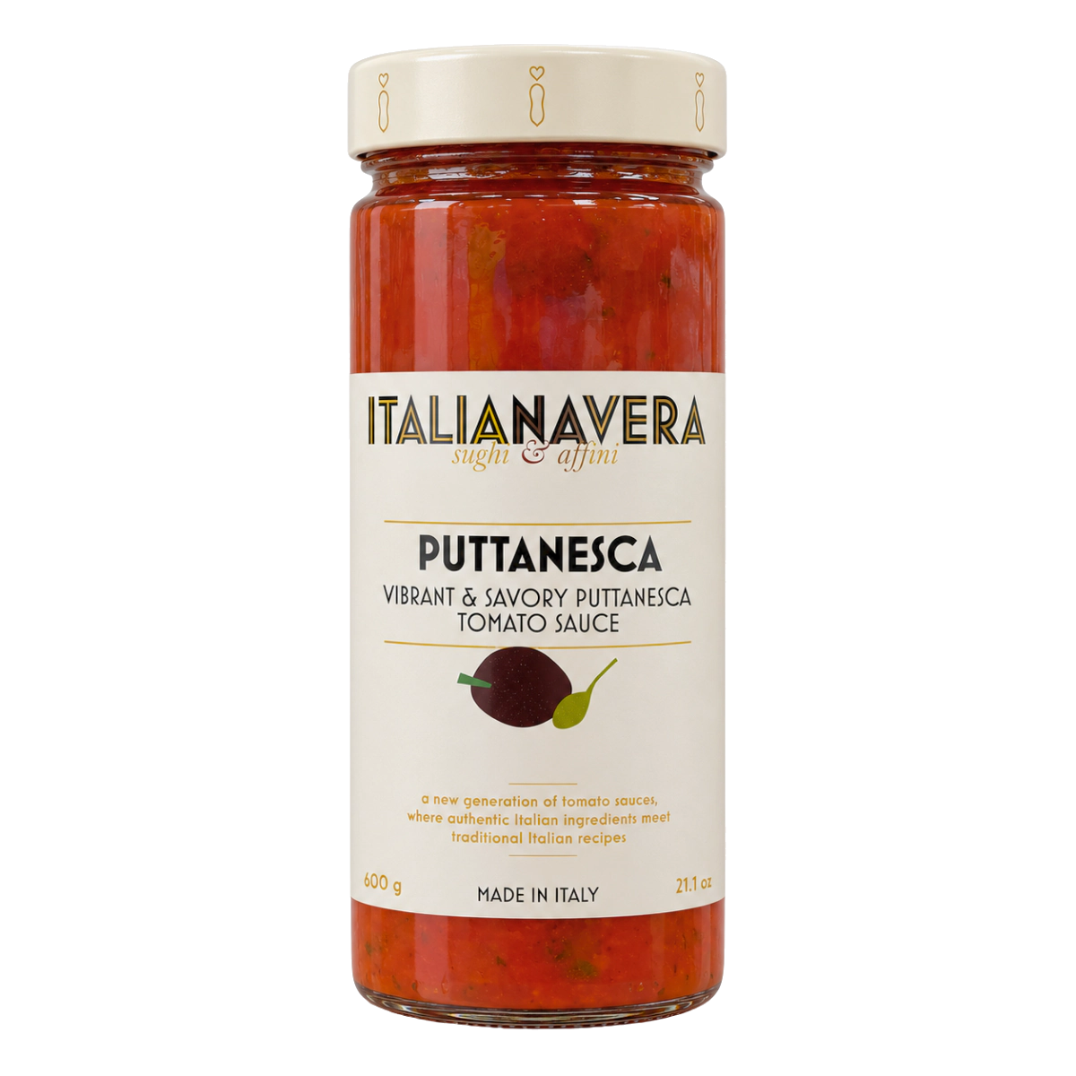 Italianavera Puttanesca tomato pasta sauce with olives and capers, 600 g jar — front packaging