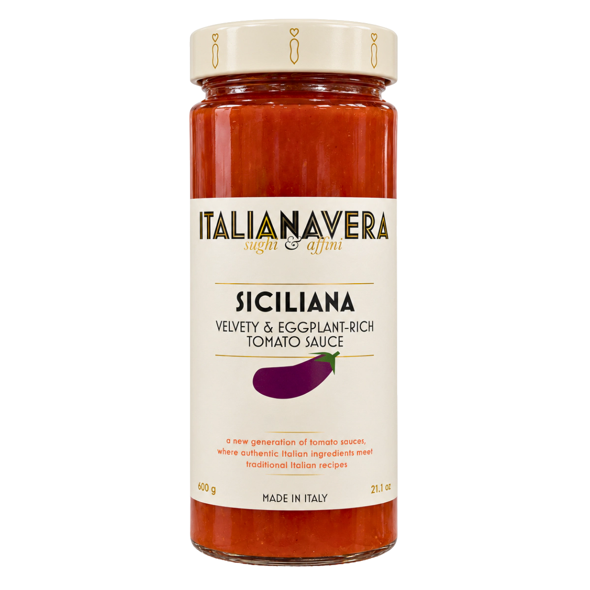 Italianavera Siciliana tomato and eggplant pasta sauce, 600 g jar — front packaging