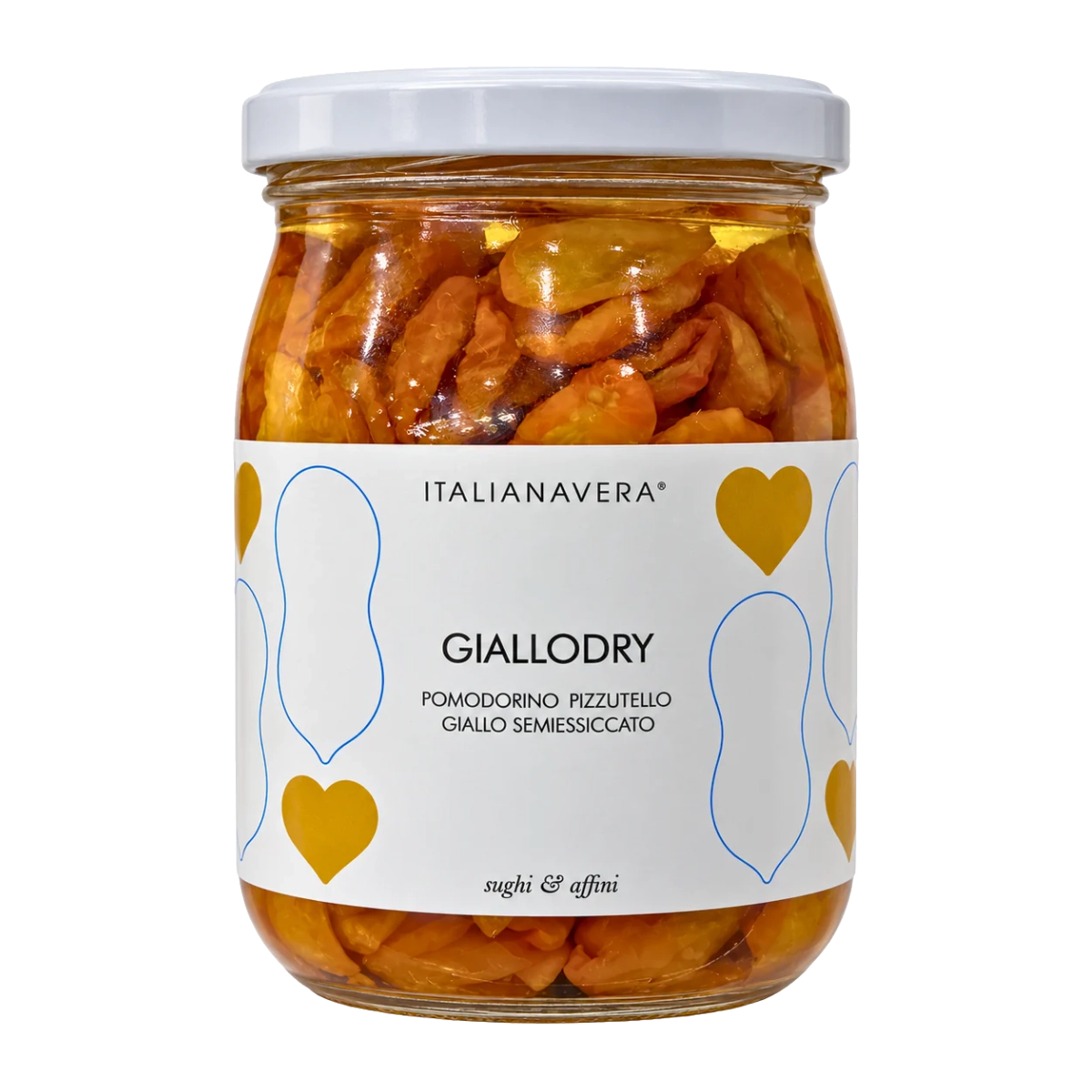 Italianavera Giallodry semi-dried yellow cherry tomatoes, 520 g glass jar — front product packaging
